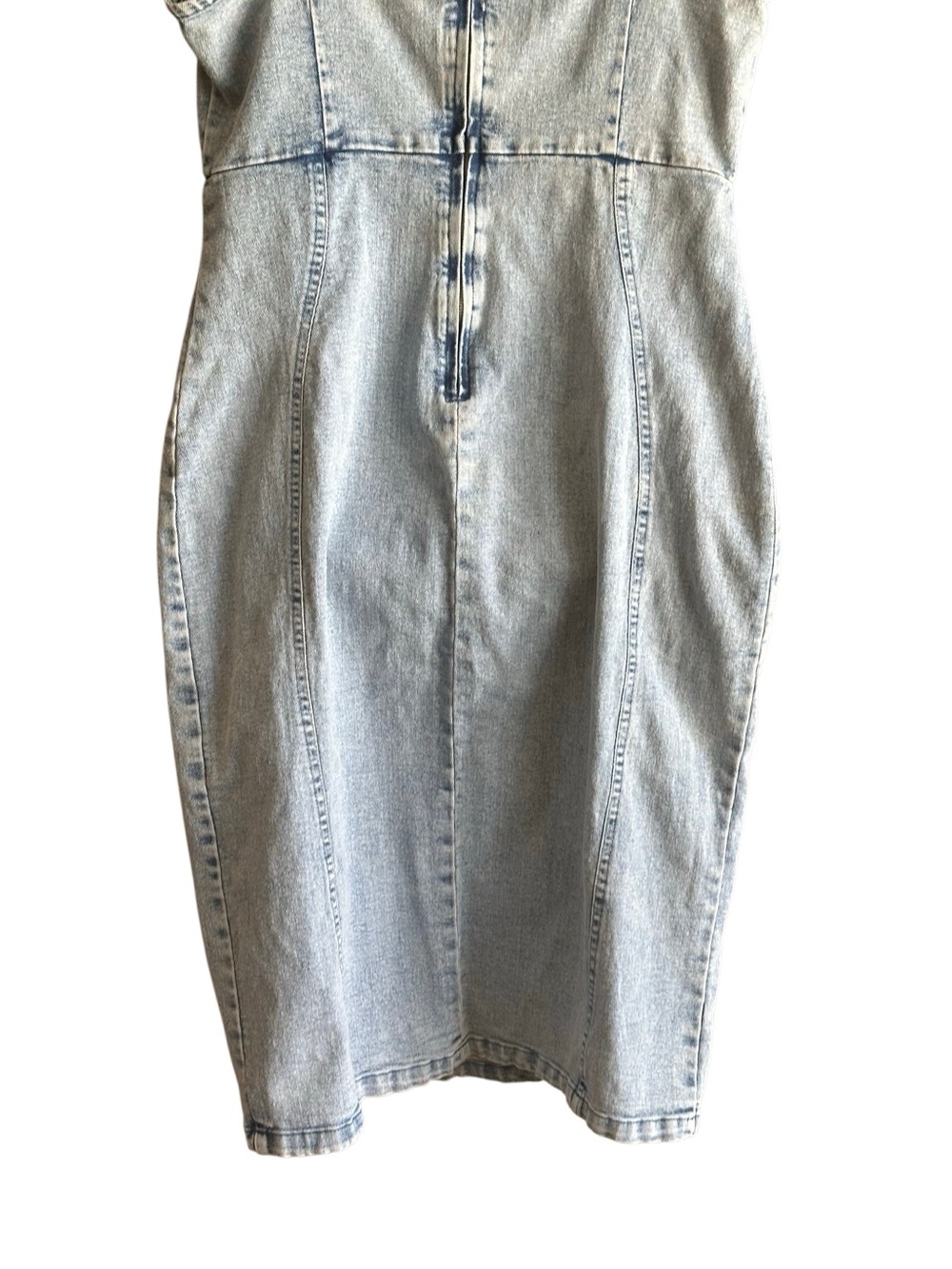 Mermaid Fitted Acid Wash Denim Midi Dress with Front Slit. Medium - Picture 9 of 14